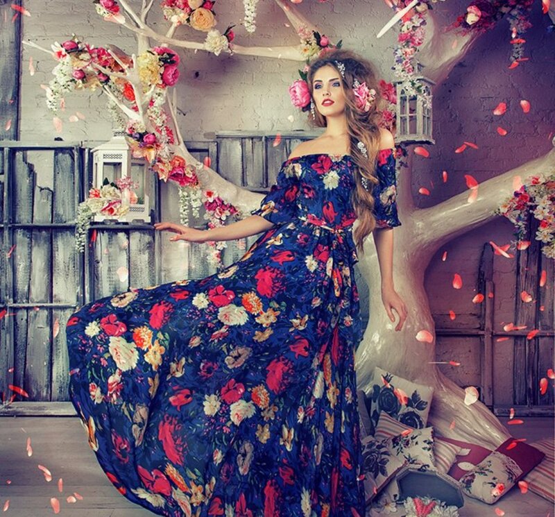 Woman in Floral Dress — Blue, Dreamy, Photograph, Flowers