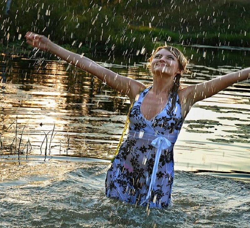 Woman in Floral Dress — Blue, Joyful, Sunset