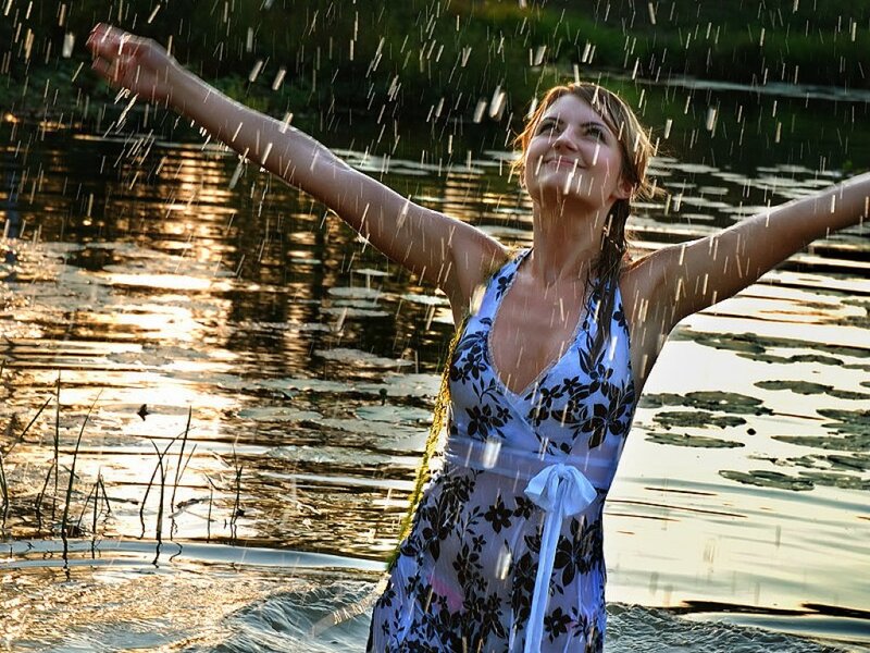 Woman in Floral Dress — Blue, Joyful