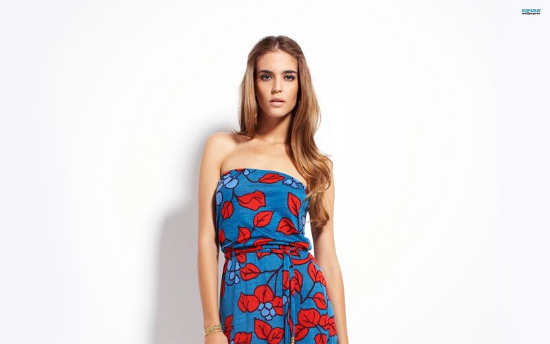 Woman in Floral Dress — Blue, Neutral, Photograph, Wall