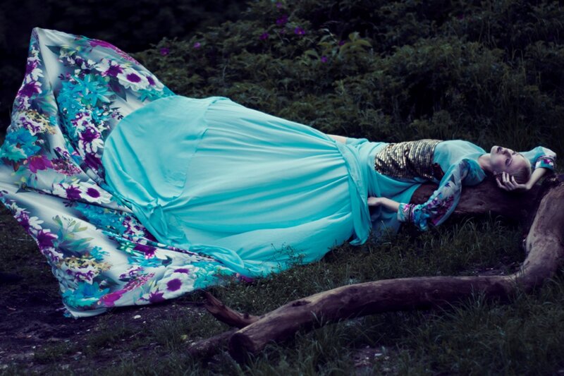 Woman in Floral Dress — Blue, Serene, Night