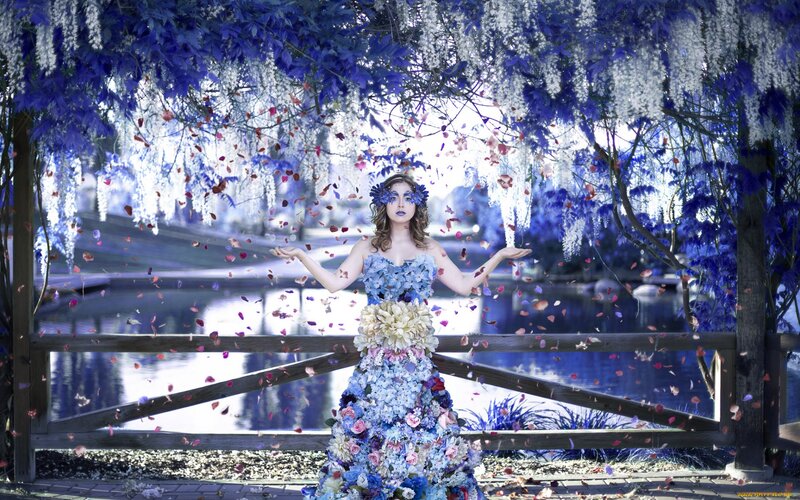 Woman in Floral Dress — Blue, Serene, Spring, Digital Art