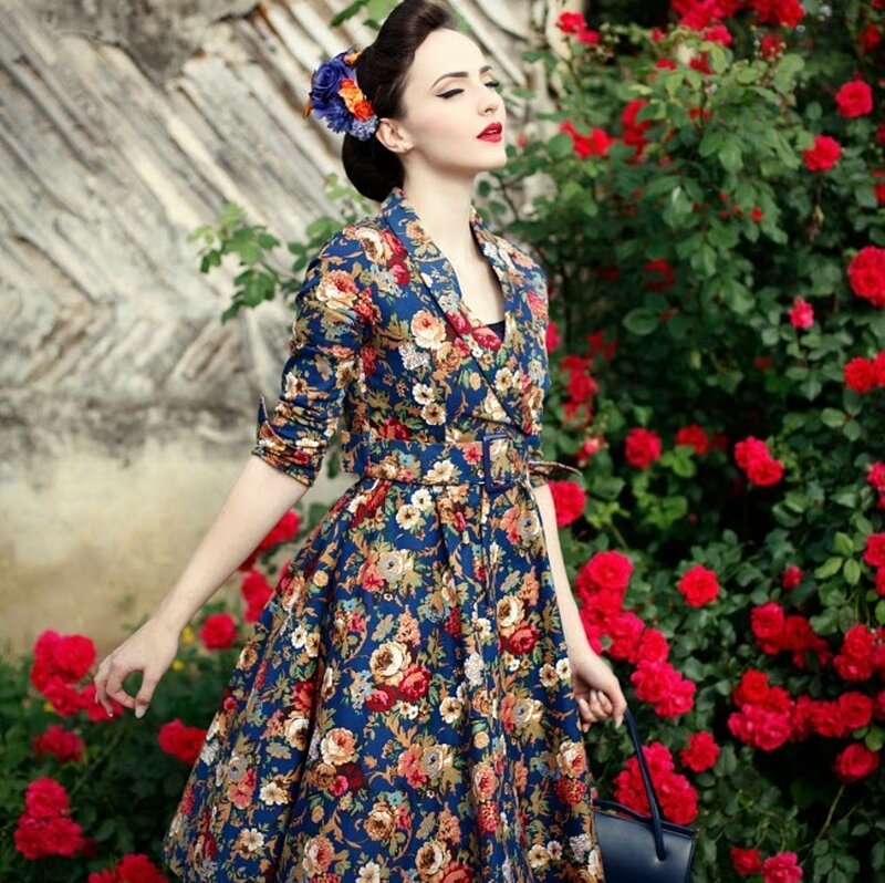 Woman in Floral Dress — Blue, Serene, Summer