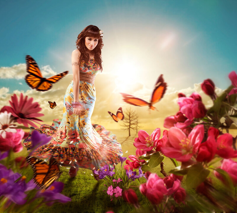 Woman in Floral Dress — Blue, Serene, Sunset