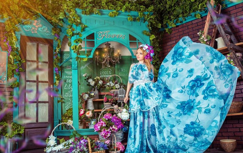 Woman in Floral Dress — Blue, Whimsical