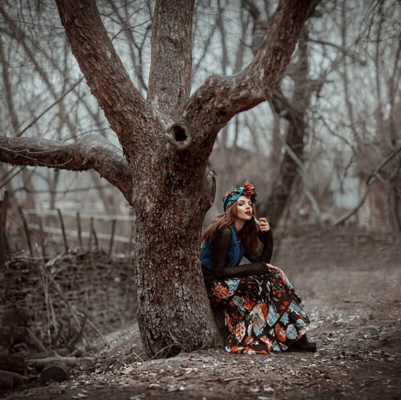 Woman in Floral Dress — Brown, Dramatic, Autumn