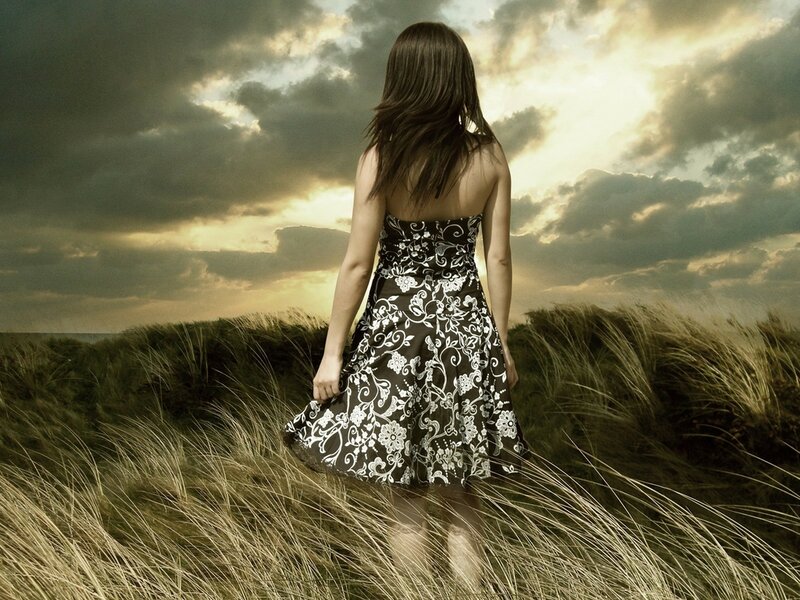 Woman in Floral Dress — Brown, Dramatic, Sunset, Photograph, Dunes