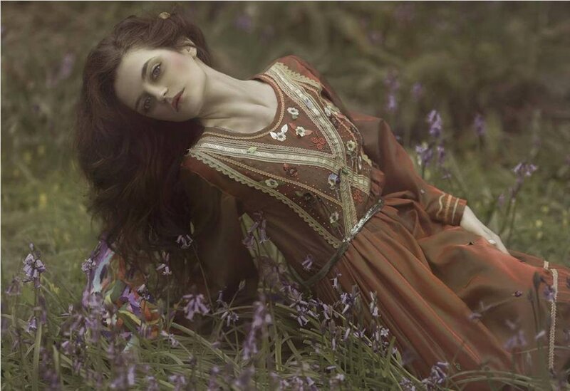Woman in Floral Dress — Brown, Serene, Spring
