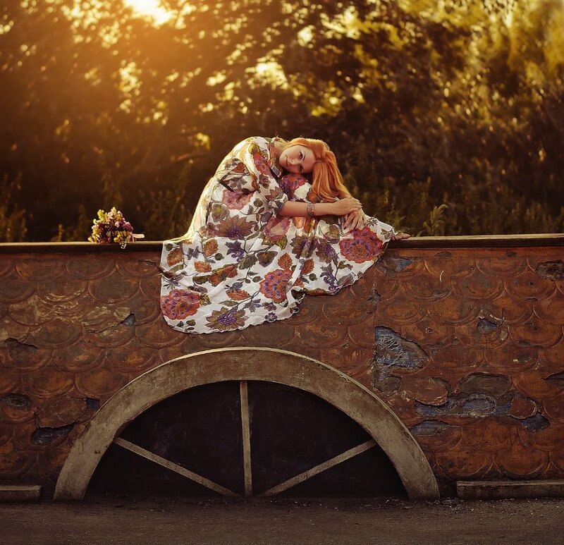 Woman in Floral Dress — Brown, Serene, Sunset