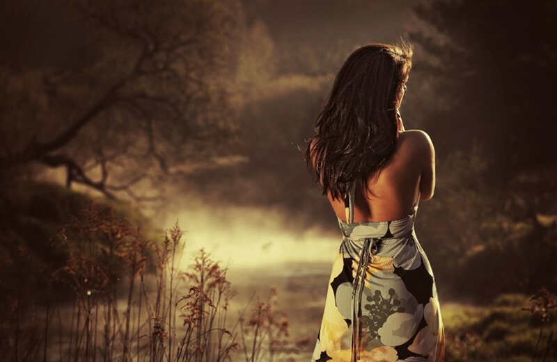 Woman in Floral Dress — Brown, Serene