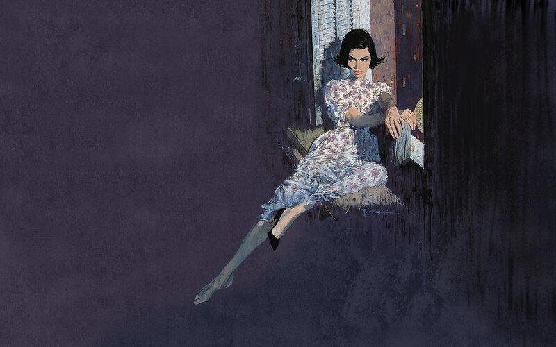 woman in floral dress by window