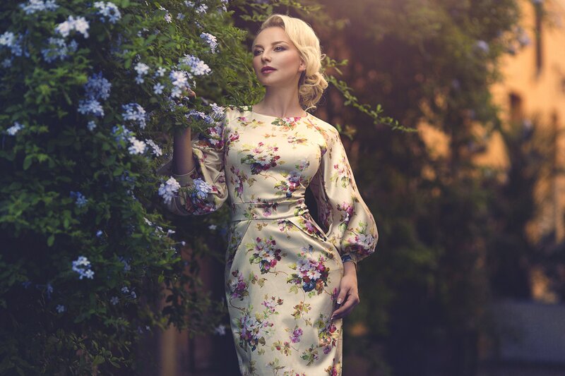 Woman in Floral Dress — Cream, Serene