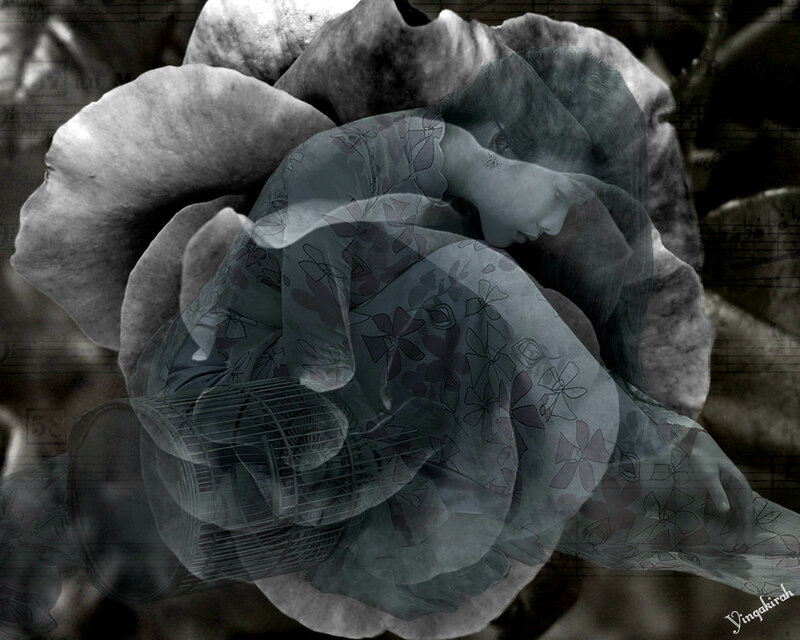 Woman in Floral Dress — Gray, Dreamy