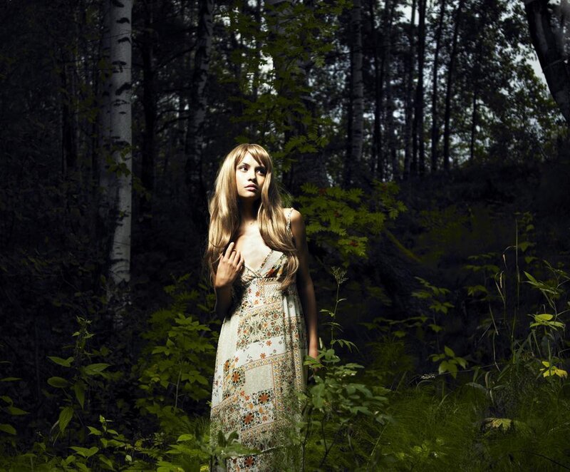 Woman in Floral Dress — Green, Dramatic, Afternoon