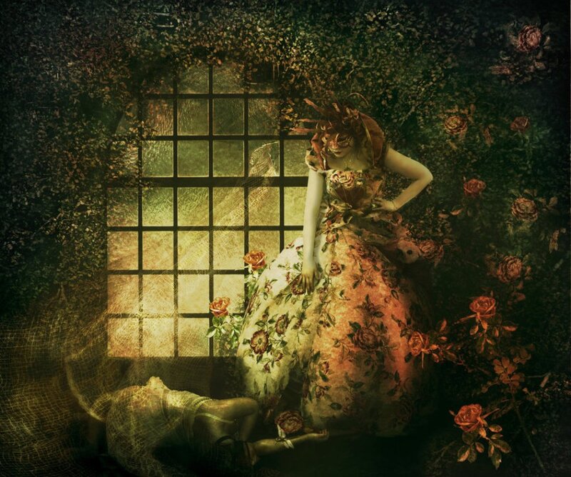 Woman in Floral Dress — Green, Dramatic, Digital Art, Window