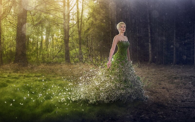Woman in Floral Dress — Green, Dramatic, Morning