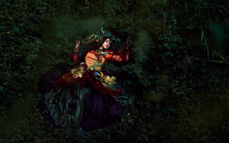 Woman in Floral Dress — Green, Dramatic, Night, Photograph