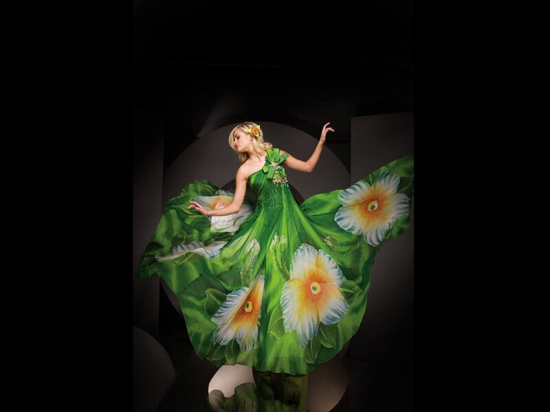 Woman in Floral Dress — Green, Dramatic, Night