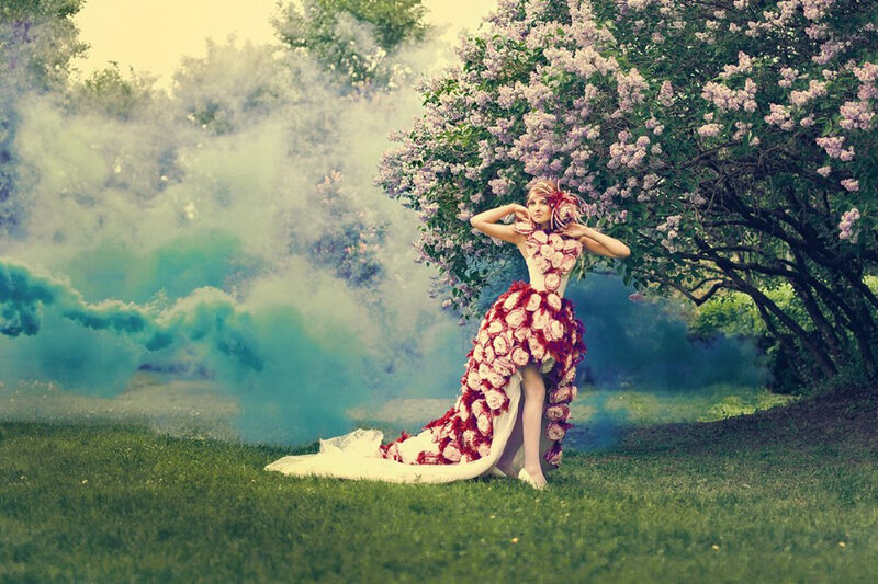 Woman in Floral Dress — Green, Dramatic, Spring