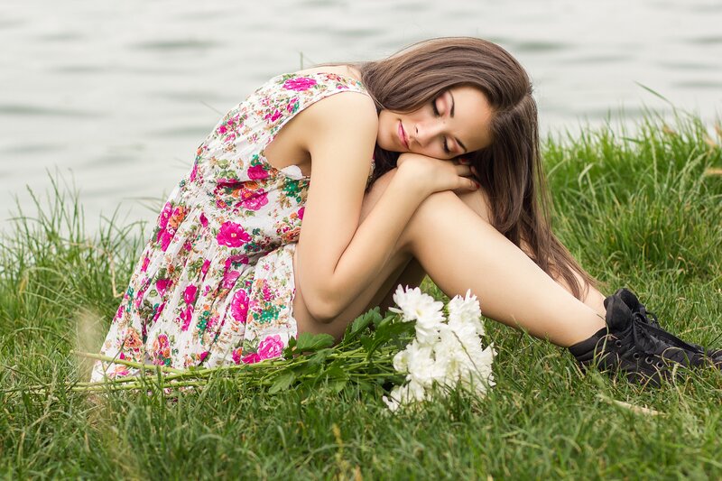 Woman in Floral Dress — Green, Peaceful