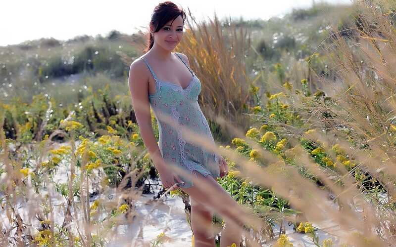 Woman in Floral Dress — Green, Serene, Afternoon, Photograph, Dune