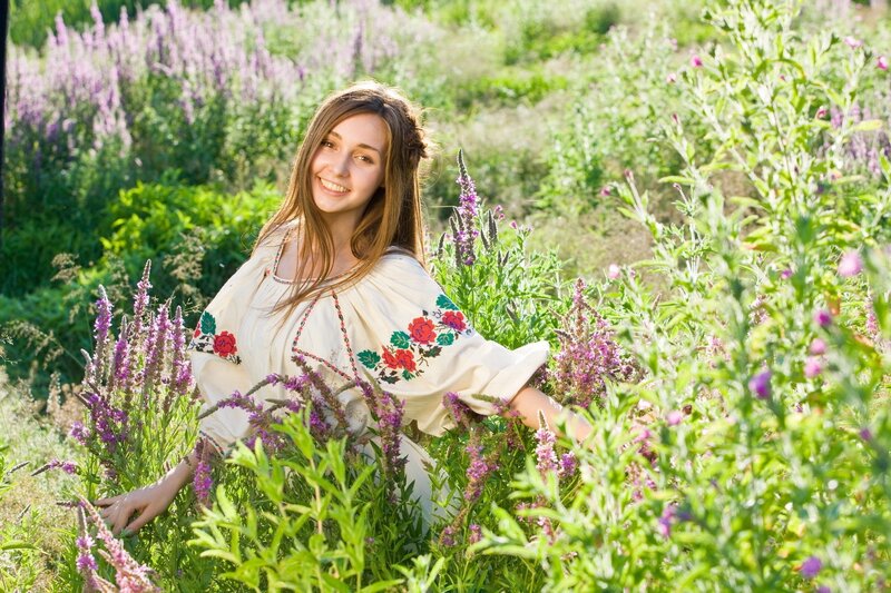 Woman in Floral Dress — Green, Serene, Afternoon, Photograph, Flowers, Field