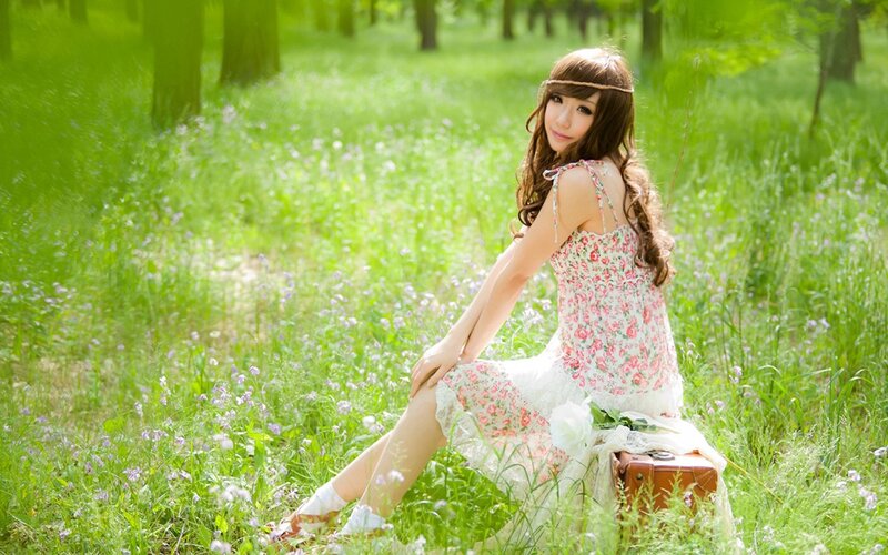 Woman in Floral Dress — Green, Serene, Afternoon, Photograph, Grass, Trees, Suitcase
