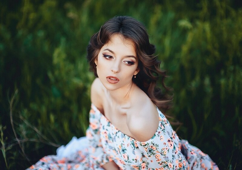 Woman in Floral Dress — Green, Serene, Afternoon, Photograph, Hair, Outdoor