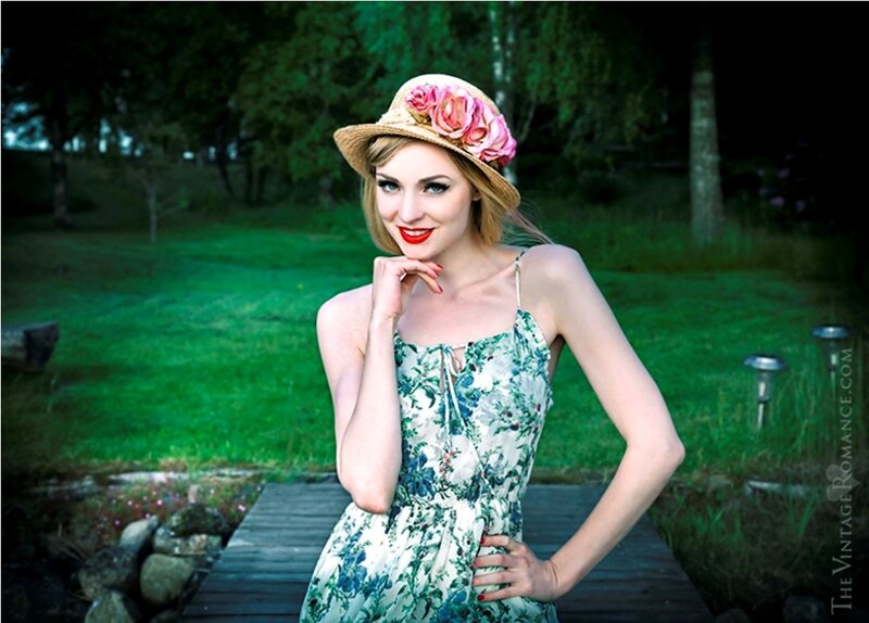 Woman in Floral Dress — Green, Serene, Afternoon, Photograph, Straw Hat, Flowers