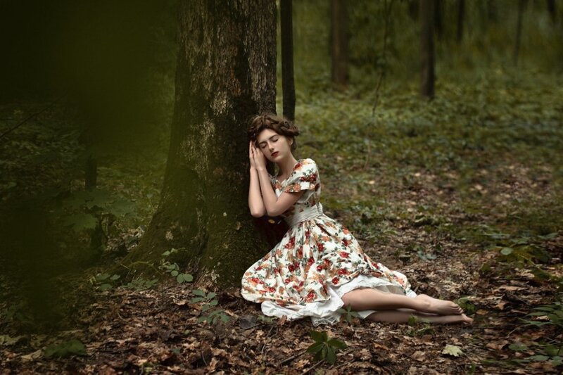 Woman in Floral Dress — Green, Serene, Afternoon, Photograph, Tree