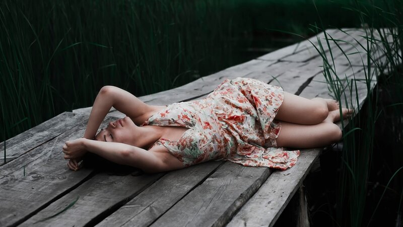 Woman in Floral Dress — Green, Serene, Afternoon, Photograph, Wooden Dock