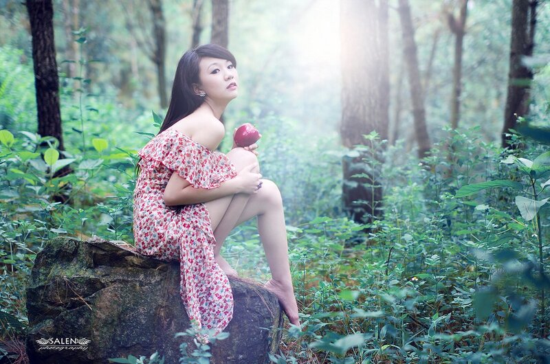Woman in Floral Dress — Green, Serene, Morning, Photograph, Apple