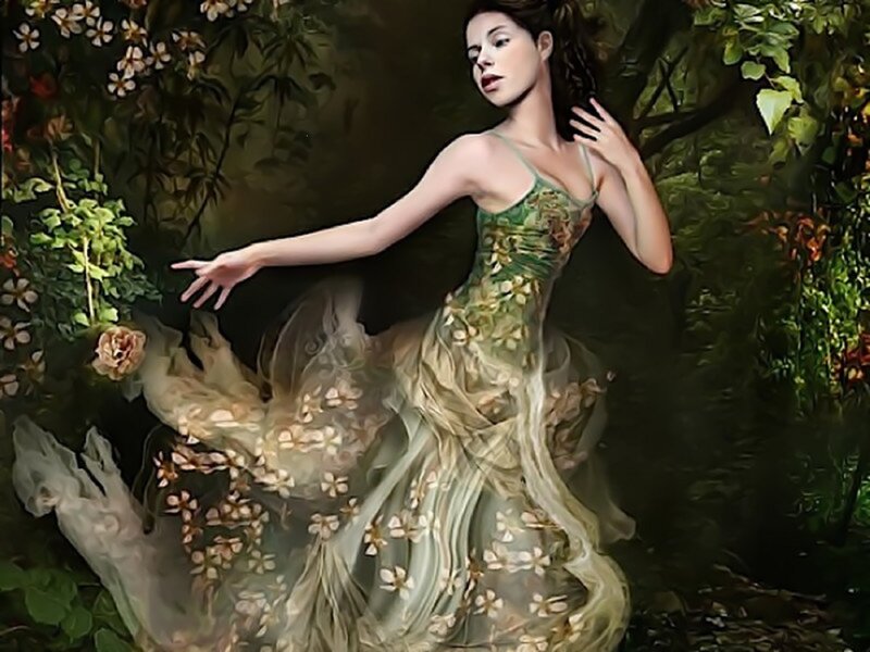 Woman in Floral Dress — Green, Serene, Night