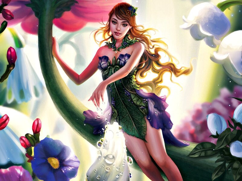 Woman in Floral Dress — Green, Serene, Spring, Digital Art, Flowers