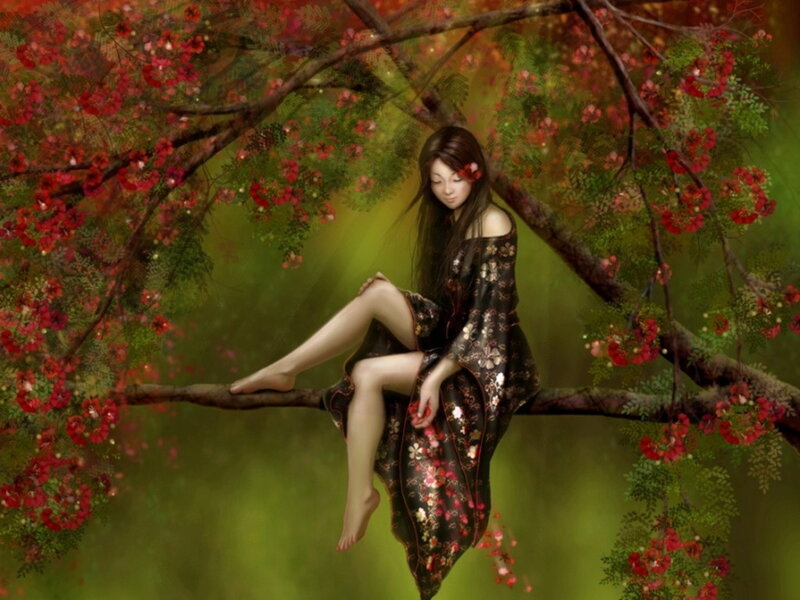 Woman in Floral Dress — Green, Serene, Spring, Digital Art