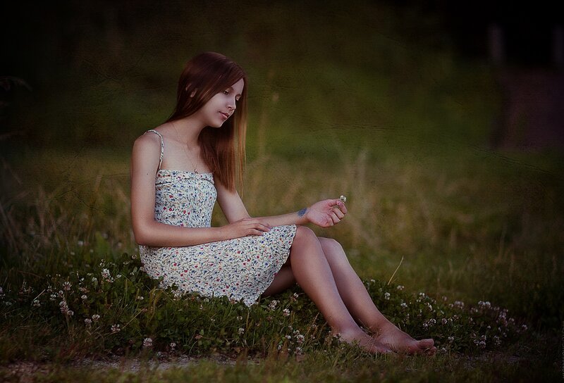 Woman in Floral Dress — Green, Serene, Sunset, Photograph, Grass
