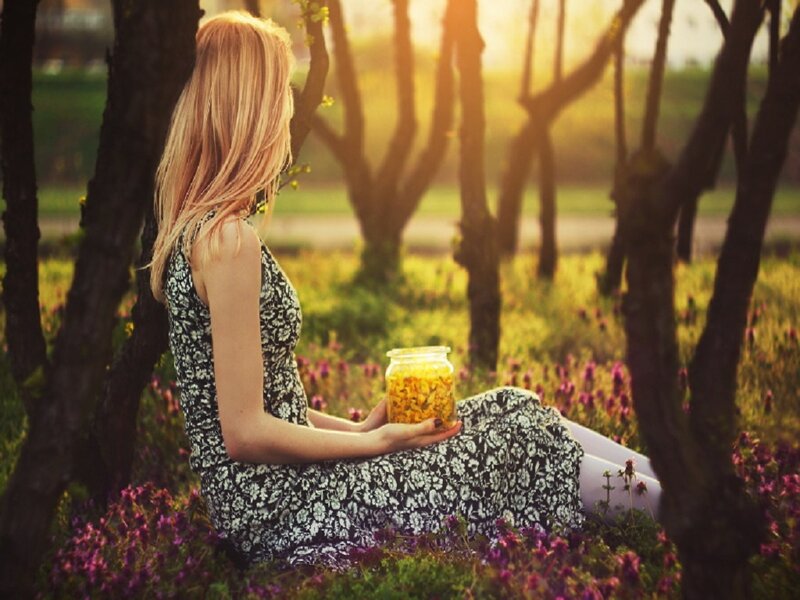 Woman in Floral Dress — Green, Serene, Sunset, Photograph