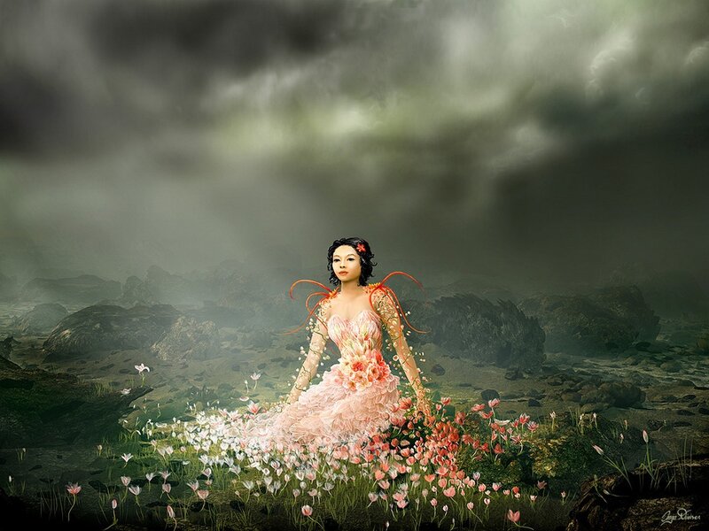 woman in floral dress on rocky shore