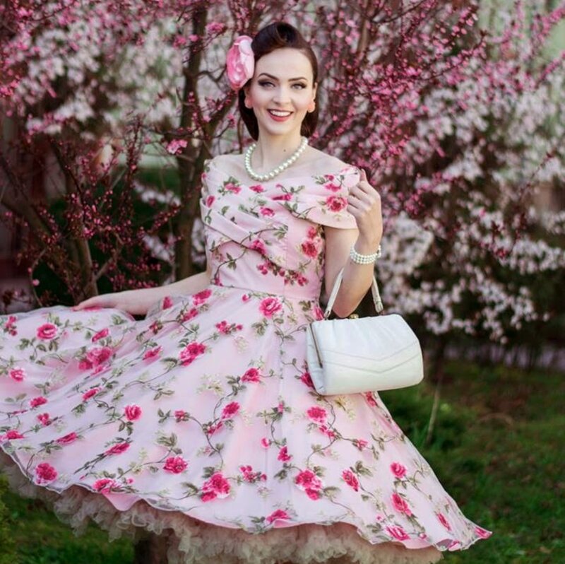 Woman in Floral Dress — Pink, Cheerful
