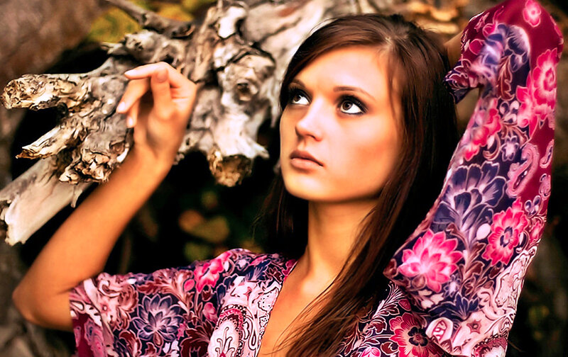 Woman in Floral Dress — Pink, Contemplative, Photograph
