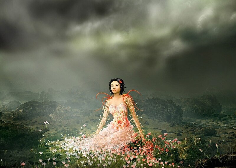Woman in Floral Dress — Pink, Dramatic, Digital Art, Flowers, Clouds, Rocks, Green, Gray