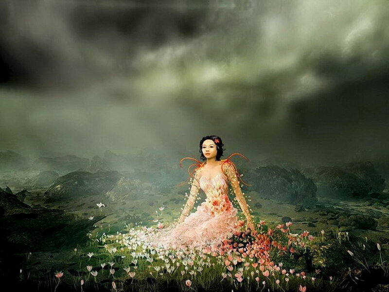 Woman in Floral Dress — Pink, Dramatic, Digital Art