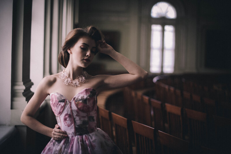 Woman in Floral Dress — Pink, Dramatic, Photograph, Necklace