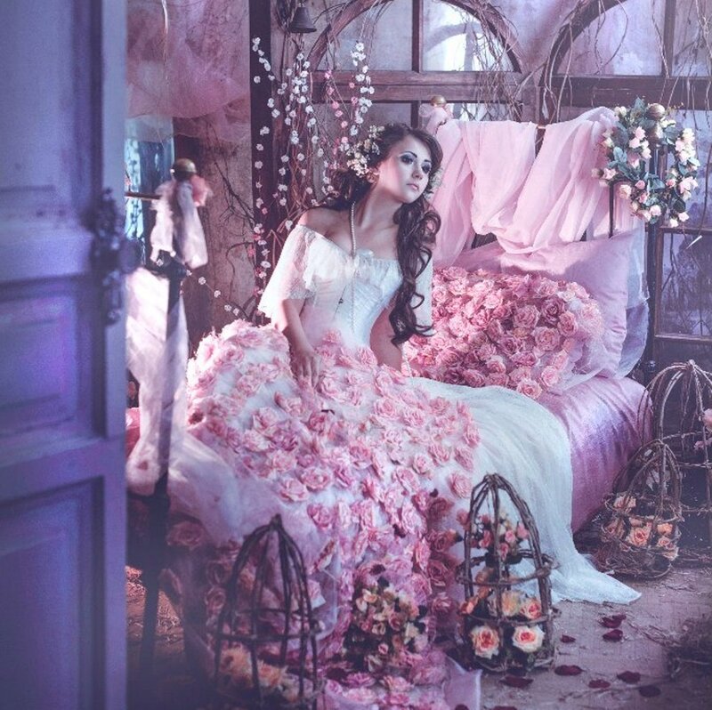 Woman in Floral Dress — Pink, Dreamy, Photograph, Flowers, Bed, Cage