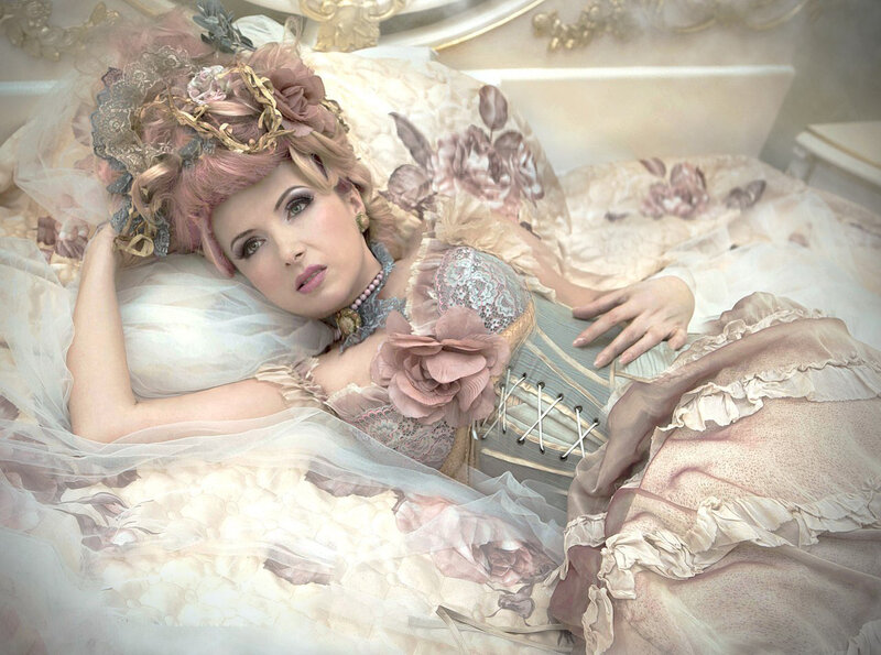 Woman in Floral Dress — Pink, Dreamy, Photograph, Flowers, Bed, Corset