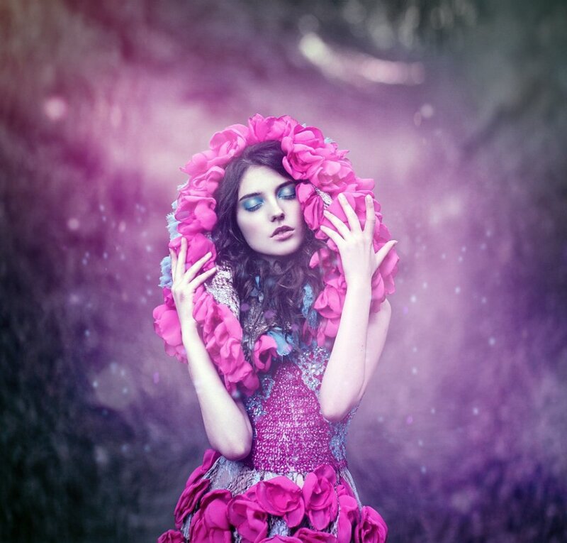 Woman in Floral Dress — Pink, Dreamy, Photograph, Flowers, Makeup
