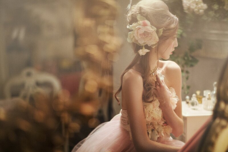 Woman in Floral Dress — Pink, Dreamy, Photograph, Flowers