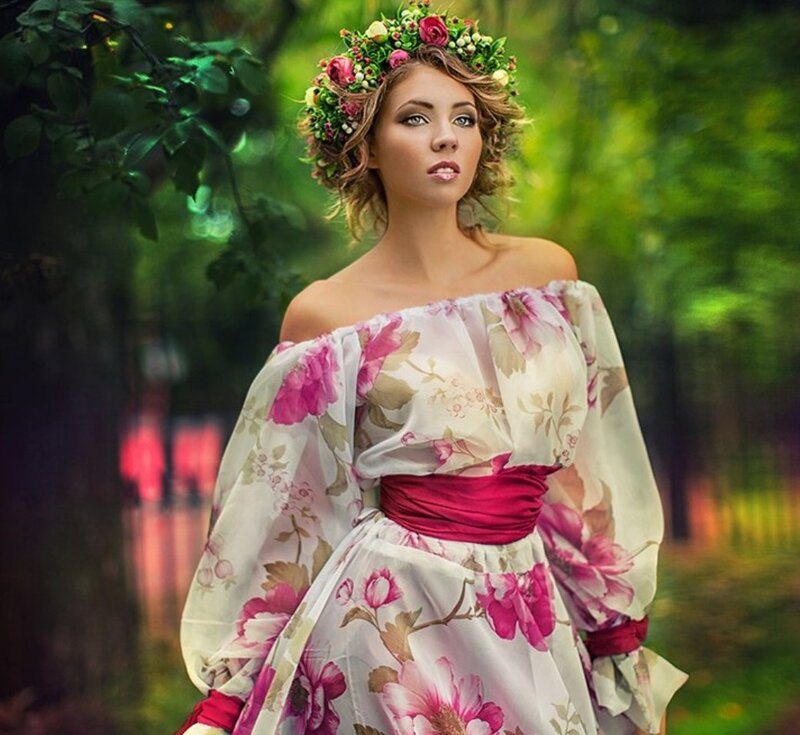 Woman in Floral Dress — Pink, Serene, Afternoon, Photograph, Flower Crown