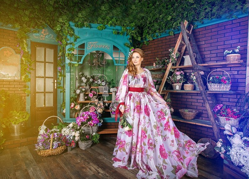 Woman in Floral Dress — Pink, Serene, Afternoon, Photograph, Flowers, Basket, Ladder