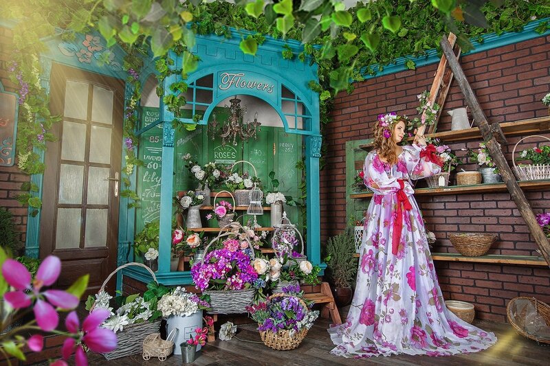 Woman in Floral Dress — Pink, Serene, Afternoon, Photograph, Flowers, Basket